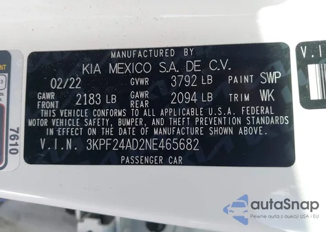 2022 Kia Forte Lxs из США, поврежденный, VIN 3KPF24AD2NE465682